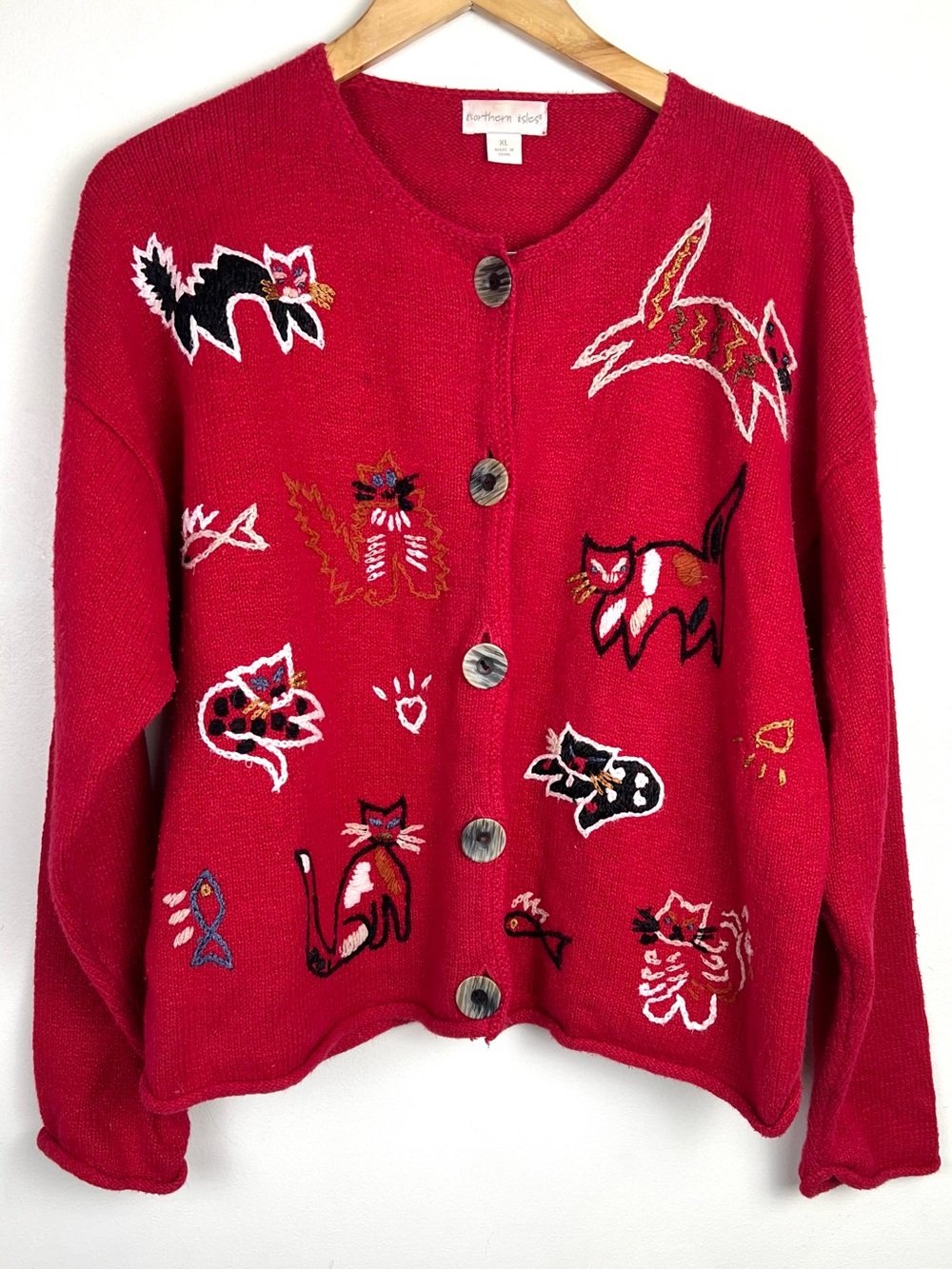 Vintage Northern Isles Embroidered Knit Kitty Cat Cardigan